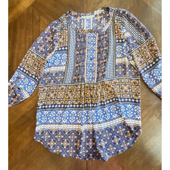 Daniel Rainn Top Women Small Blue Orange Floral Popover Pleated Patchwork Retro - Picture 2 of 9